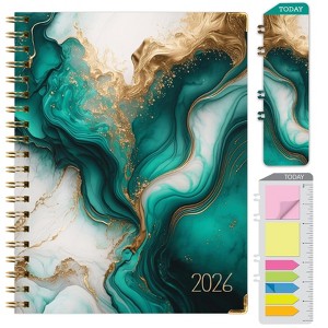 HARDCOVER 2026 Planner, 7"x9": 14 Months (Nov 2025-Dec 2026), Daily/Weekly/Monthly,  Bookmark, Pocket Folder w Sticky Notes (Teal Gold Marble) - 1 of 4