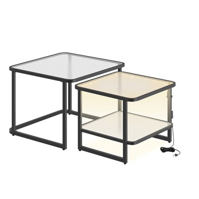 VASAGLE Small Coffee Table Set of 2, Frosted Glass Coffee Table with LED Lights, Square Side Tables with Bottom Shelf, Cloud White and Ink Black