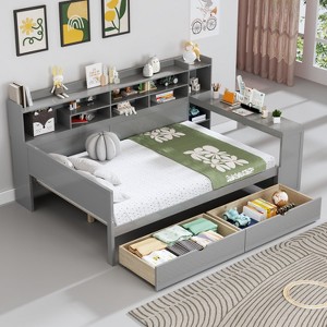 Sapphtopaz Daybed Bed Frame for Kids with 2 Storage Drawers Wood Bed Frame with Storage Shelves and Study Desk for Children's Room - 1 of 4