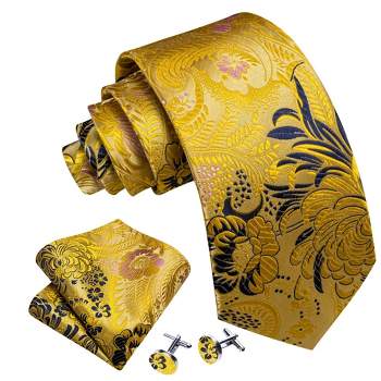 Men's Gold And Blue Floral 00% Silk Neck Tie With Matching Hanky And Cufflinks Set