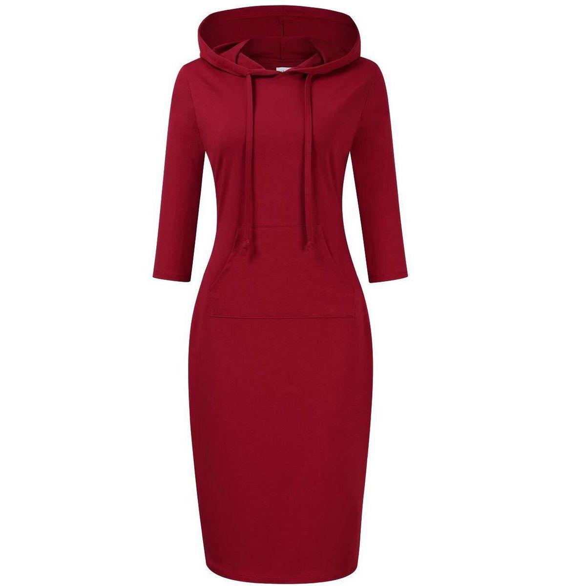 Women Short Sleeve Pocket Knee Length Slim Pullover Hoodie Dress - thumbnail 5