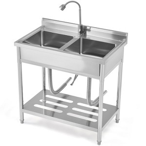 Coucheta Freestanding Commercial Utility Sink, Stainless Steel w/ Faucet, Adjustable Legs, Shelf, Hooks, Backsplash, Hot & Cold Water - 1 of 4
