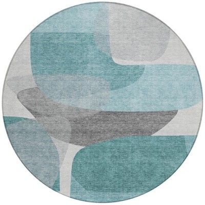 HomeRoots 8' Teal Blue And Gray Round Abstract Washable Indoor Outdoor Area Rug