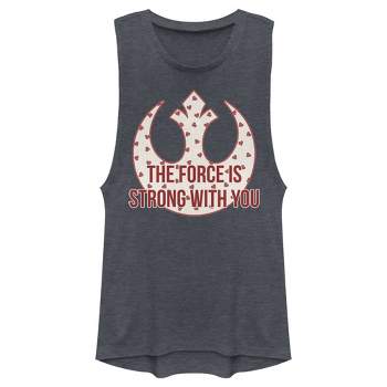 Juniors Womens Star Wars The Force Is Strong Valentine Rebel Logo Festival Muscle Tee