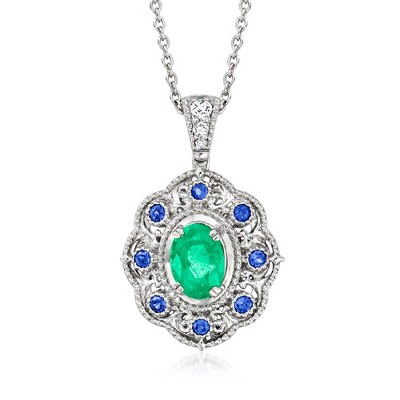 Ross-Simons 0.70 Carat Emerald and .10 ct. t.w. Sapphire Pendant Necklace With Diamonds in Sterling Silver Size 18