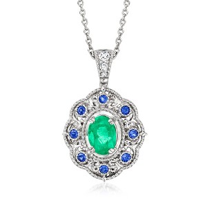 Ross-Simons 0.70 Carat Emerald and .10 ct. t.w. Sapphire Pendant Necklace With Diamonds in Sterling Silver Size 18 - 1 of 3
