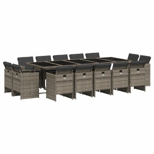 vidaXL Patio Dining Set with Cushions - 15 Piece Gray Poly Rattan Outdoor Furniture, Foldable Chairs, Glass Tabletop & Washable Cushions - 1 of 4