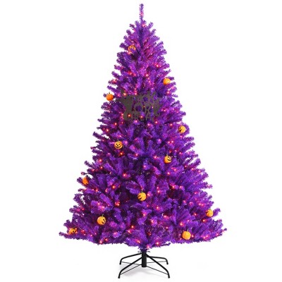 Costway 7ft Pre-lit Purple Halloween Christmas Tree w/ Orange Lights Pumpkin Decorations