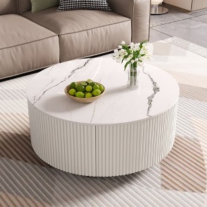 29.5"W Round Coffee Table with Marble Pattern Sintered Stone Top, Movable with Locking Casters & 2 Soft-Close Drawers - ModernLuxe - 1 of 4