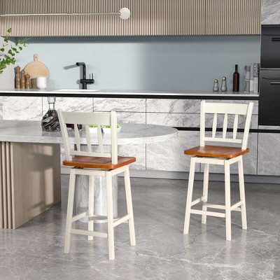 White and Wood Swivel Bar Stools with Metal Frame, Set of 2