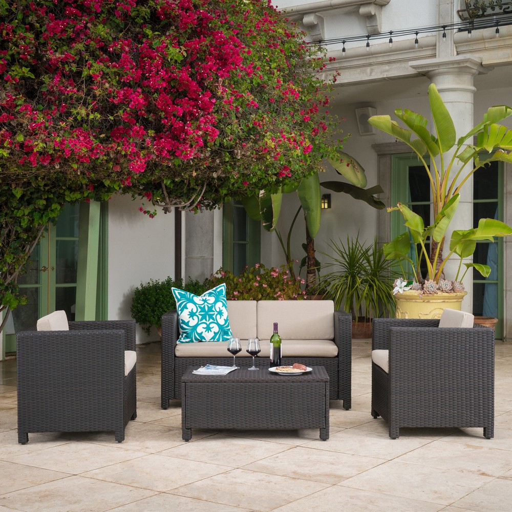 Puerta 4pc Wicker Chat Set & Cover – Dark Brown/Beige – Christopher Knight Home  – Patio Furniture​
