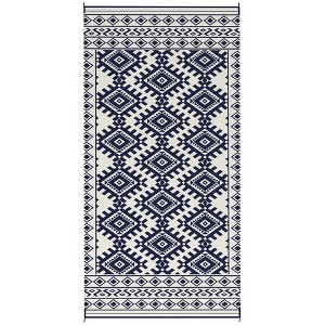 Reversible Outdoor Rug, Waterproof Plastic Straw with Carry Bag, Blue & White Rhombus Border - 1 of 4
