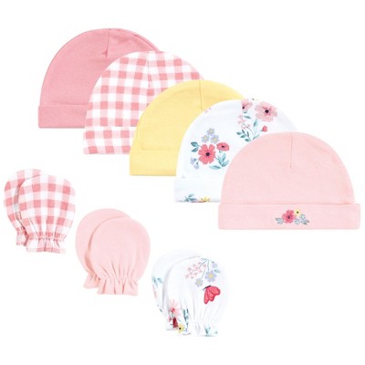 Hudson Baby Girls Cotton Cap and Scratch Mitten Set, Butterfly Floral, 0-6 Months