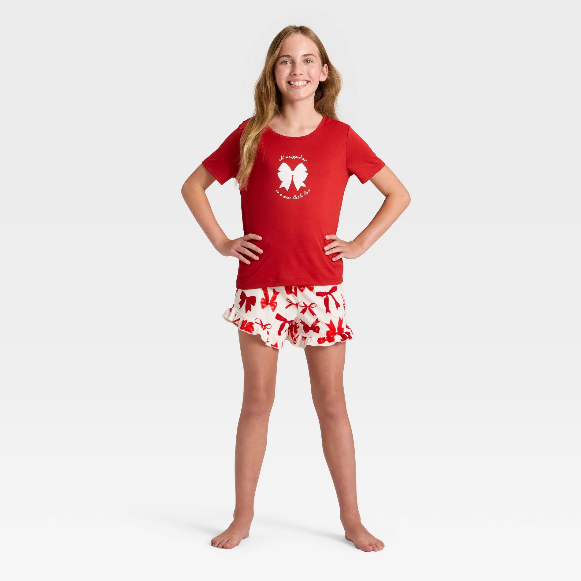 Girls' 2pc Bows Short Sleeve Holiday Pajama Set - Cat & Jack™ Red
