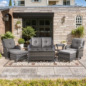 Gymojoy 7 Piece Outdoor Wicker Loveseat Sofa with Patio Swivel Glider Chairs with Coffee Table and Ottoman Sets - 1 of 4