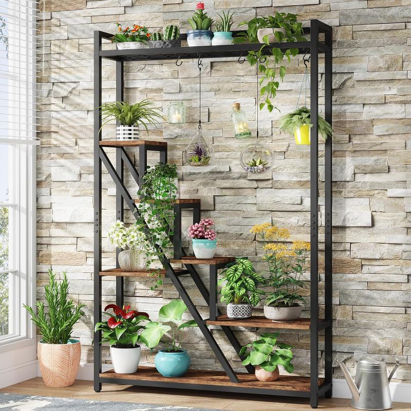 Tribesigns 70.9" Tall Plant Stand, 7-Tier Large Plant Shelf with 5 S-Hooks, Industrial Wood Flower Stand Display Rack, 2 of 10