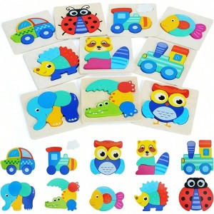 Puzzles 10 Pack, Wooden Puzzles Animal Vehicle Jigsaw Learning Toys - 1 of 4
