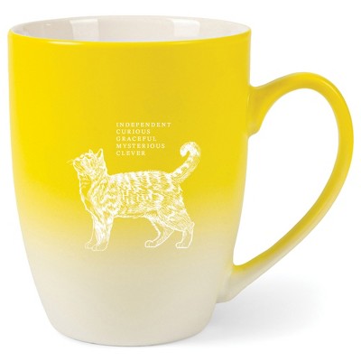 Elanze Designs 12 Ounce Ceramic Decorative Laser Engraved Giftable Novelty Tea Coffee Cup Mug Yellow and White Cat Independent Curious Mysterious