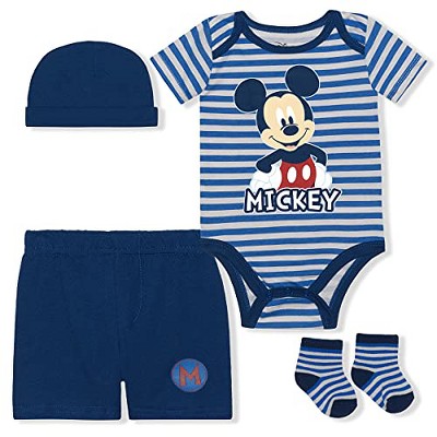 Disney Boy's 4-Pack Mickey Mouse Short Sleeve Creeper, Baby Cap, Casual Shorts and Socks for infant