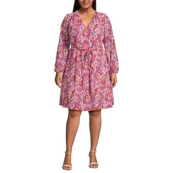 Lands' End Women's Chiffon Long Sleeve Fit and Flare Dress