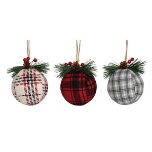 Transpac Fabric/Canvas 4 in. Multicolored Christmas Plaid Ball Ornament Set of 3 - 1 of 2