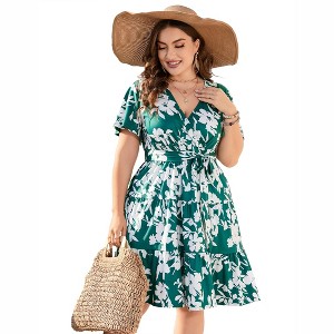 Plus Size V Neck Midi Dress Wrap Short Sleeves High Waisted Summer Casual Belt Dress - 1 of 4