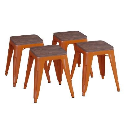 Emma and Oliver Set of Four Table Height Backless Stacking Welded Iron Stools with Wooden Seats and Under Seat Bracing for Indoor Use