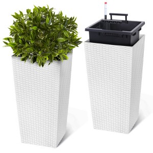 22.5 Inch Outdoor and Indoor Tall Planter Set of 2 Large Rattan Flower Pot with 2 Trays - 1 of 4