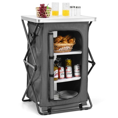Tangkula Portable Outdoor Camping Storage Cabinet Folding Organizer Kitchen Table w/ 3 Shelves and Carry Bag for BBQ