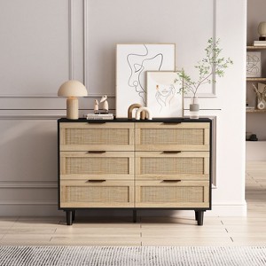 CAVINAS 51.1"/43.3" 6-Drawer Dresser,Rattan Wooden Chest of Drawers with Spacious Storage Space for Bedroom and Entryway,2 Columns,3 Rows - 1 of 4
