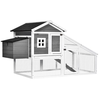 Gray and White Wooden Chicken Coop with Nesting Box and Run