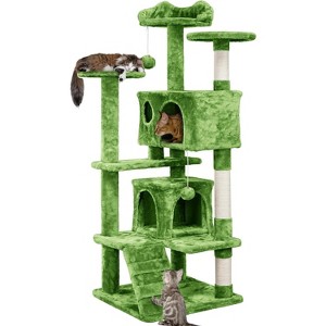 54in Christmas Cat Tree, Tower with Spacious Kitten-Ear Perch, 2 Cozy Caves, Scratching Posts, Climbing Ladde - 1 of 4