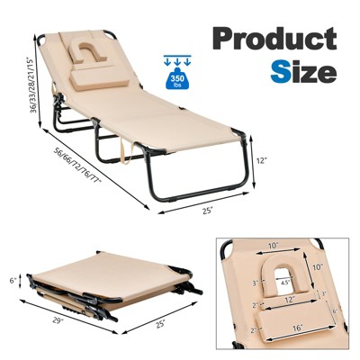 Beige Adjustable Folding Outdoor Chaise Lounge Chair with Cushion