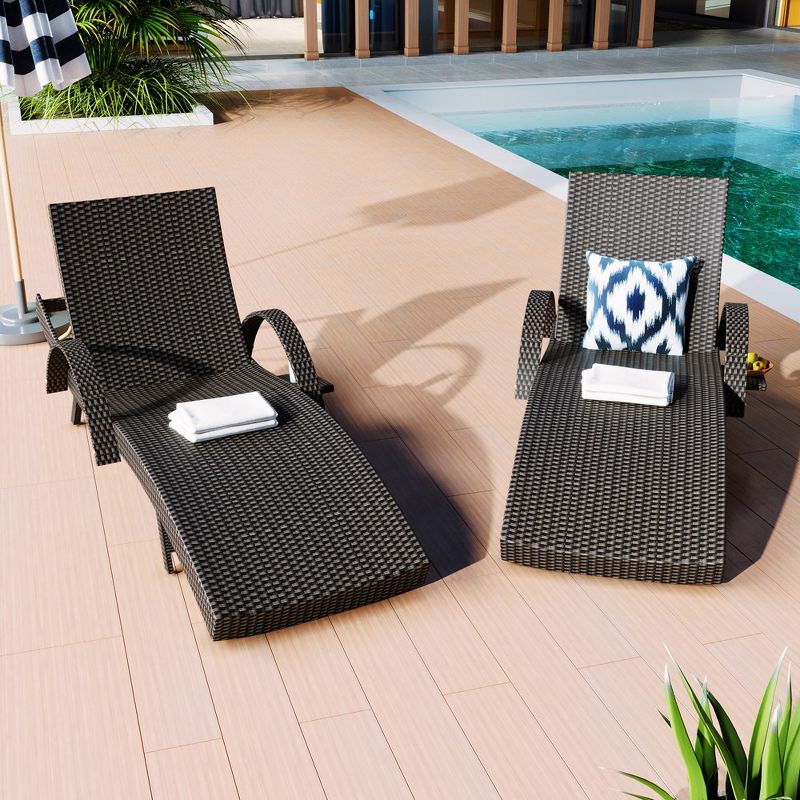 80'' Outdoor Wicker Chaise Lounge Chairs Set of 2, Patio Rattan Reclining Chair Pull-out Side Table Adjustable Backrest Ergonomic Wave Design, 1 of 6