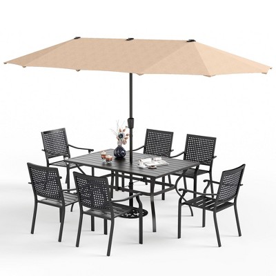 Captiva Designs 8pc Patio Slat-top Dining Steel Table & Stackable Steel Chairs & Market Umbrella