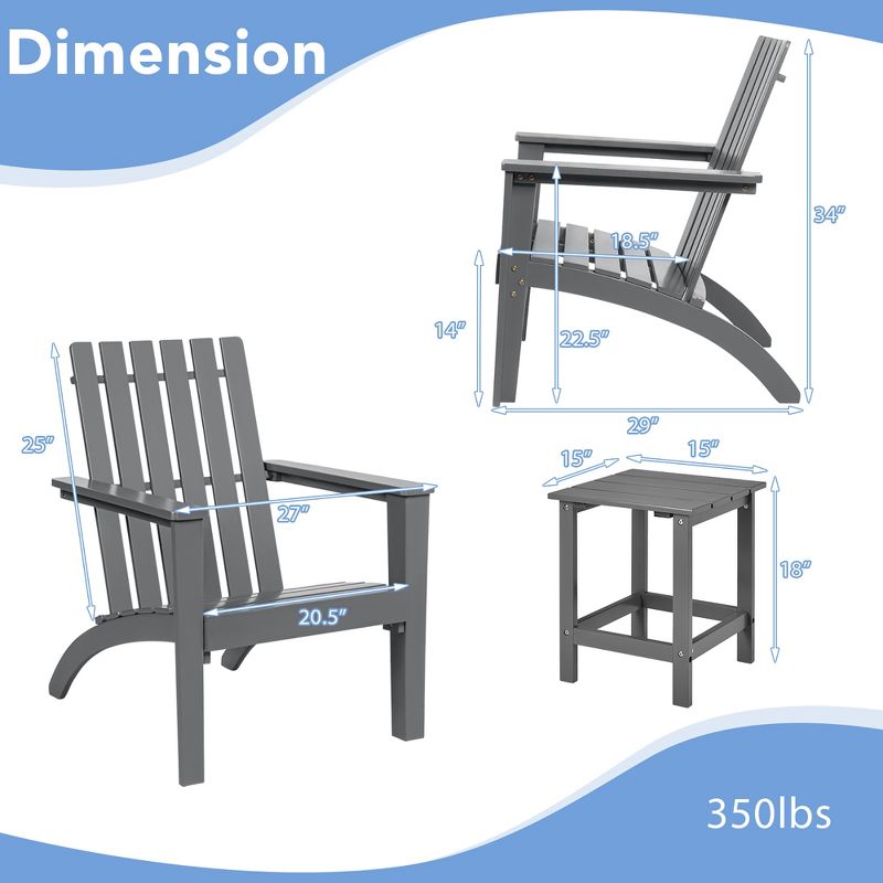 Costway 3PCS Patio Adirondack Chair Side Table Set Solid Wood Garden Deck Grey, 4 of 10