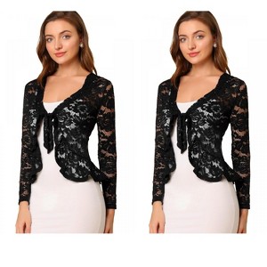 Allegra K Women's Tie Front Ruffled Hem Floral Lace Sheer Crop Bolero Shrug 2 Packs - 1 of 4