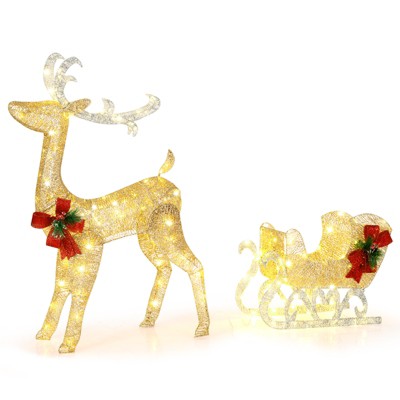 Costway Lighted Christmas Reindeer & Sleigh, Outdoor & Indoor Decoration W/ 100 Lights