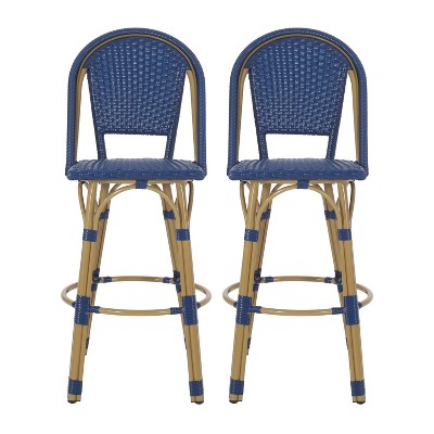 Christopher Knight Home 2pc Shelton Wicker and Aluminum Outdoor Patio 29.5" Barstools Navy Blue/Bamboo Finish