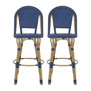 Christopher Knight Home 2pc Shelton Wicker and Aluminum Outdoor Patio 29.5" Barstools Navy Blue/Bamboo Finish - 1 of 4