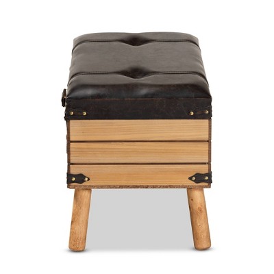 Amena Rustic Dark Brown PU Leather & Oak Large Storage Ottoman