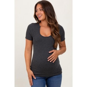 Pinkblush Charcoal Solid Ribbed Short Sleeve Round Neck Basic Maternity Top - 1 of 3