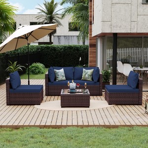 UPHA 5-Piece Rattan Patio Sofa Conversation Set with Cushions - 1 of 4