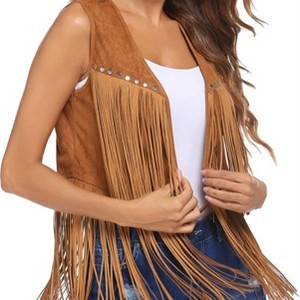 Women's Open Front Vintage Tassel Vest Sleeveless Casual Pary Jacket Vest Fringe Trim Crop Vest - 1 of 4