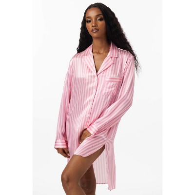 SilkSilky Women's Pure Silk Stripe Print Long Sleeve Nightshirt