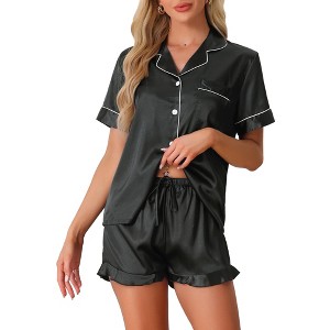 cheibear Women's Fashion Silky Satin Short Sleeve Top with Ruffle Hem Shorts Lounge Sets 2 Pcs - 1 of 4