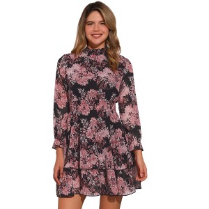INSPIRE CHIC Women's Floral Long Sleeve Mock Neck Ruffle Layered Smocked Mini Dress - 1 of 4