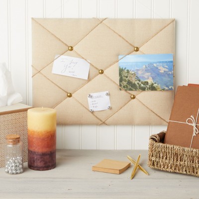 Beige Linen Fabric Photo Bulletin Board with Brass Accents, 16" x 12"