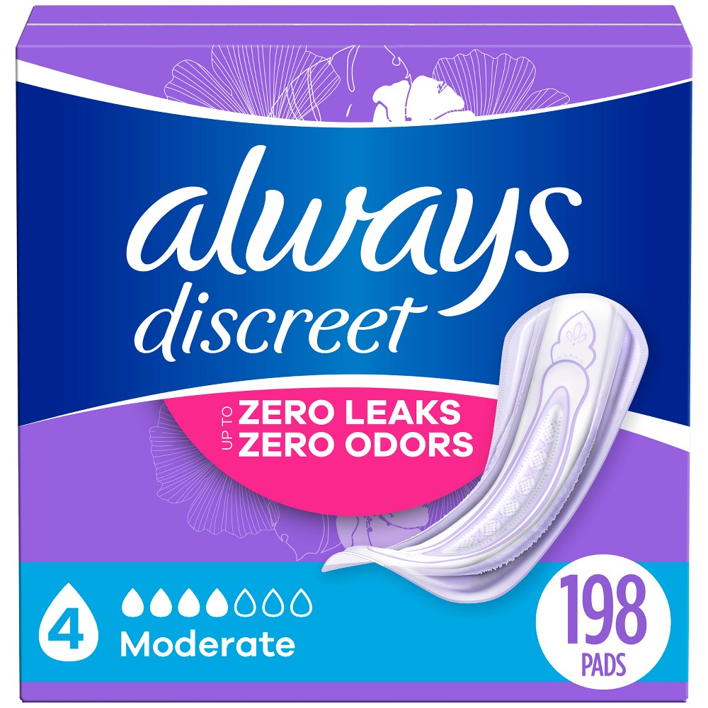 Always Discreet Incontinence & Postpartum Incontinence Pads for Women - Moderate Absorbency - Size 4 - 198ct