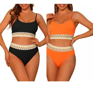 Elerevyo Women's High Waisted Ribbed Adjustable Spaghetti Straps Push Up Swimsuit Bathing Suits 2 Sets - 1 of 4